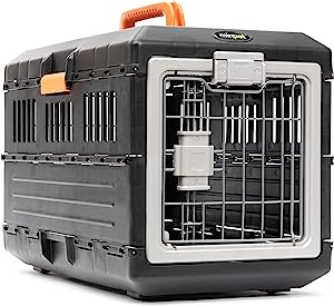 Durable black pet crate with orange handle and secure metal door.