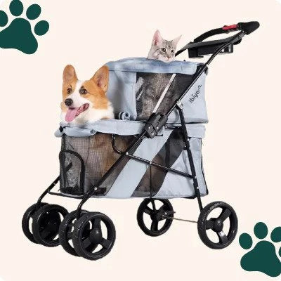 Dog and cat in a pet stroller with paw print decorations.