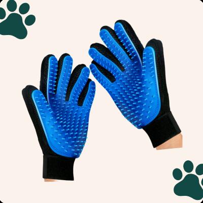 Blue grooming gloves with rubber bristles and black wrist cuffs.