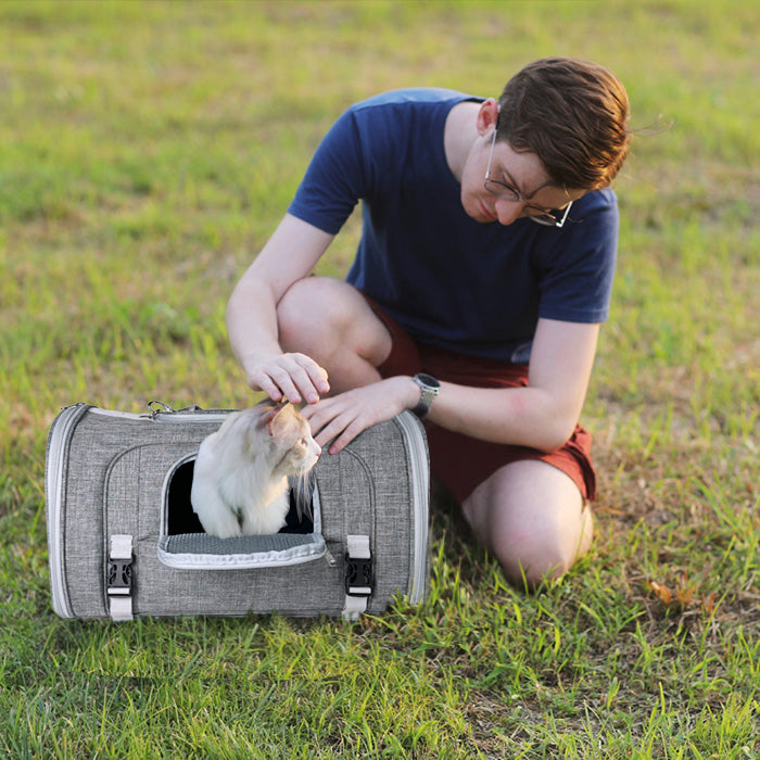 Person kneeling on grass, petting a cat in a carrier bag.