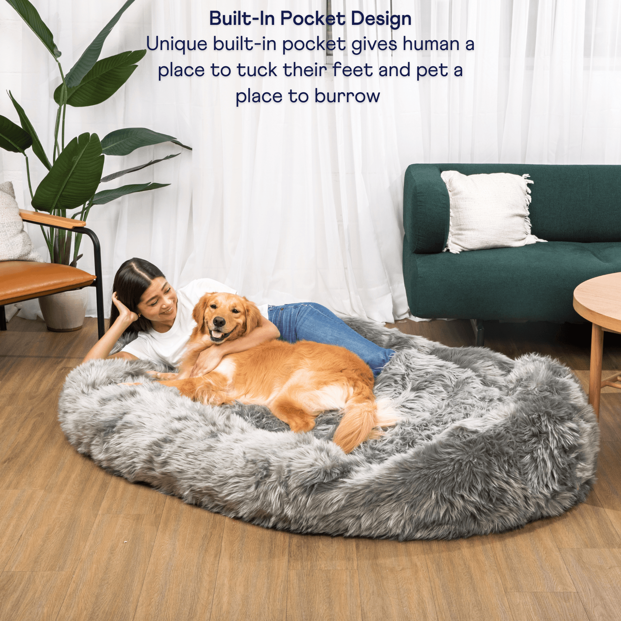 PupCloud™ Human-Size Faux Fur Memory Foam Dog Bed - Charcoal Grey