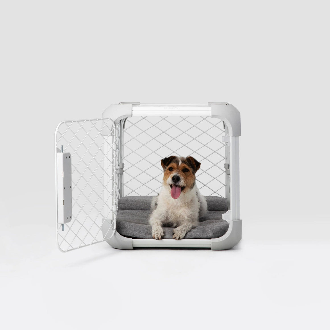 Dog sitting inside a white crate with an open door, looking happy.