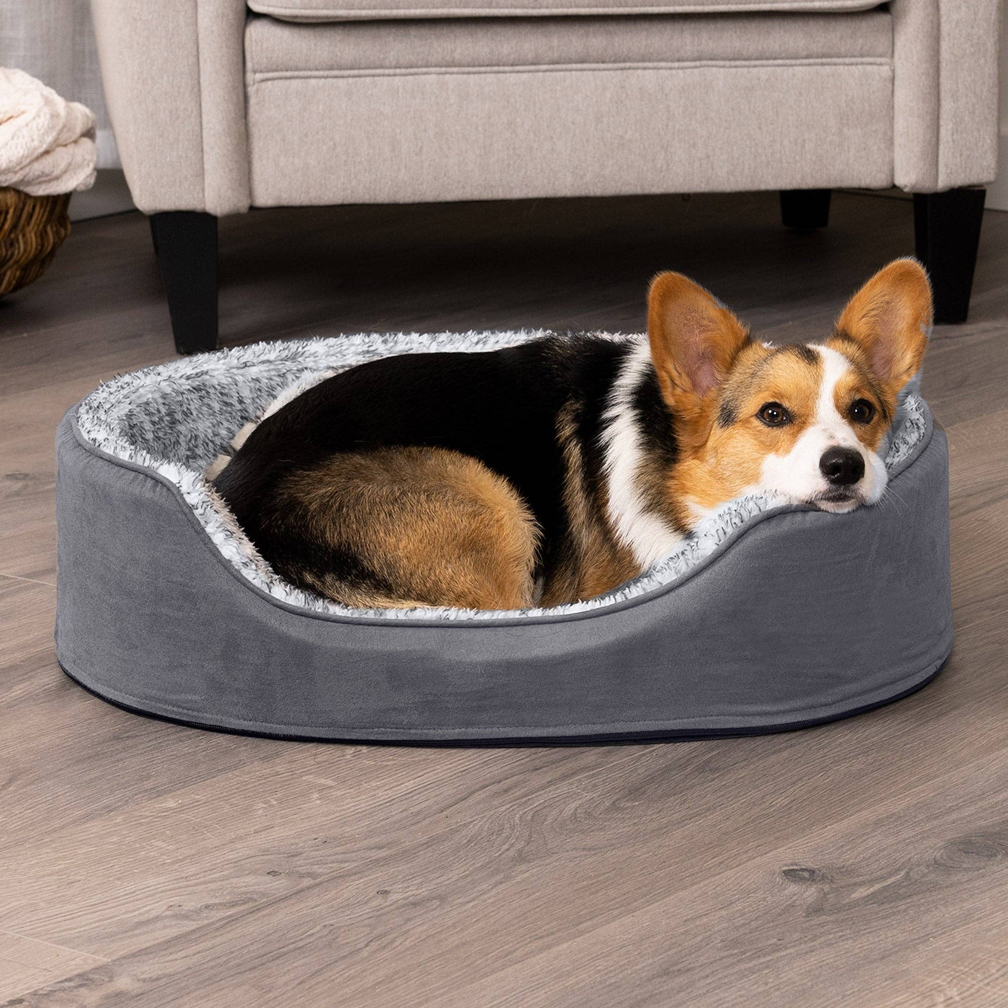 FurHaven Pet - Two-Tone Faux Fur & Suede Oval Dog Bed