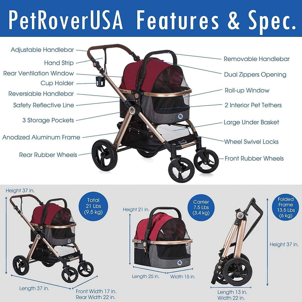 HPZ™ PET ROVER PRIME Luxury 3-in-1 Stroller for Small/Medium Dogs, Cats and Pets