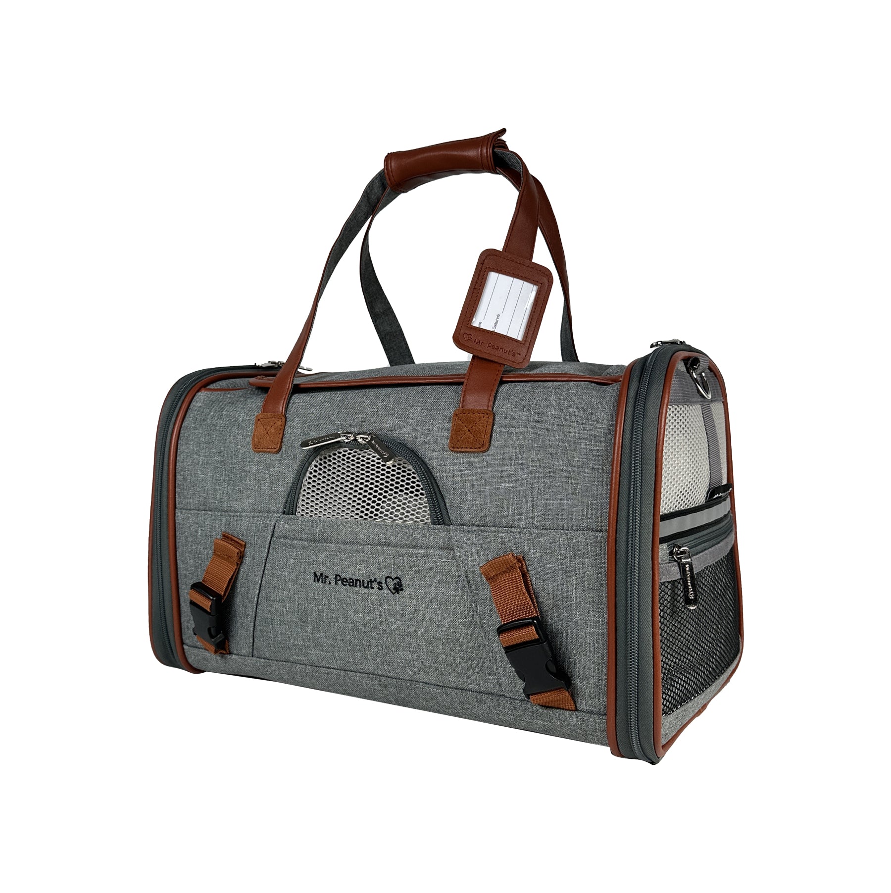 Gray and brown pet carrier with mesh sides and durable handles.