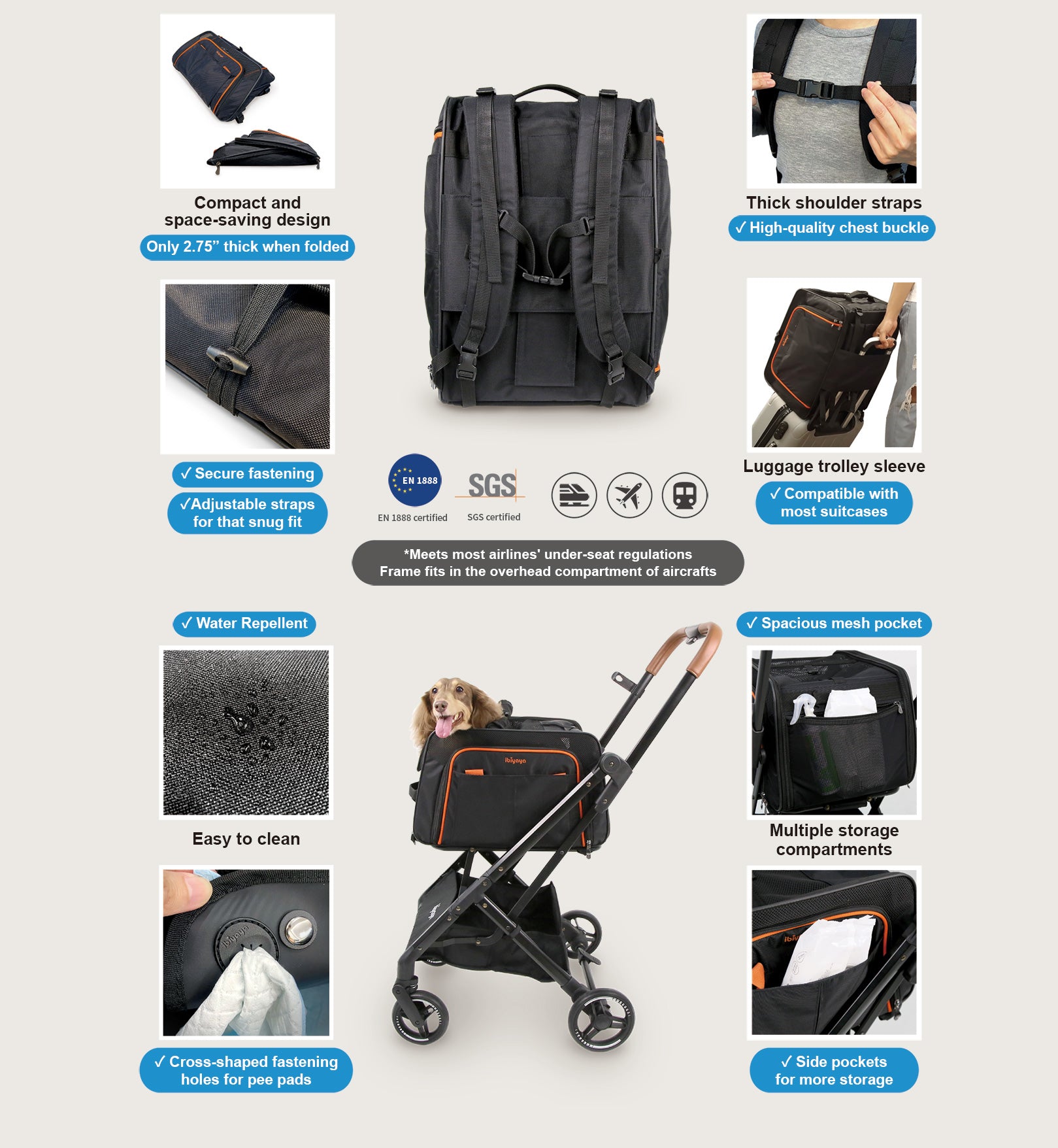 airline approved dog stroller Ibiyaya JetPaw: 3-in-One Pet Stroller with Removable Airline-Approved Carrier Expandable Rolling Pet Carrier-Backpack for Dogs & Cats