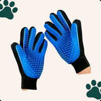 Blue grooming gloves with rubber bristles and black wrist cuffs.