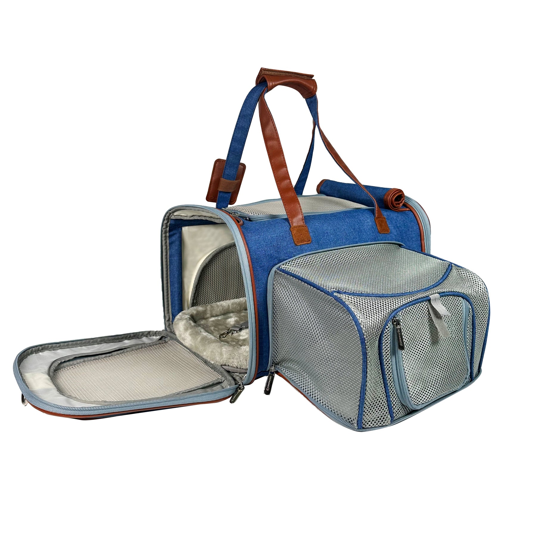 Pet carrier with mesh windows, zippered openings, and blue fabric trim.