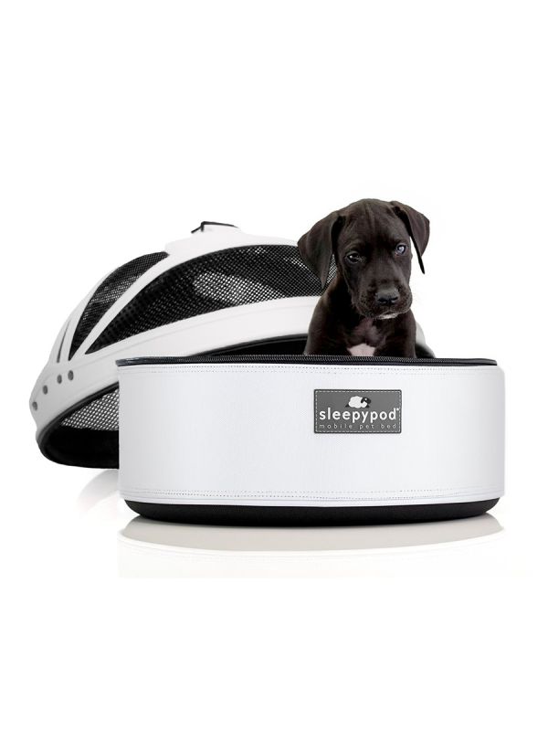 A puppy sitting inside a Sleepypod mobile pet bed.