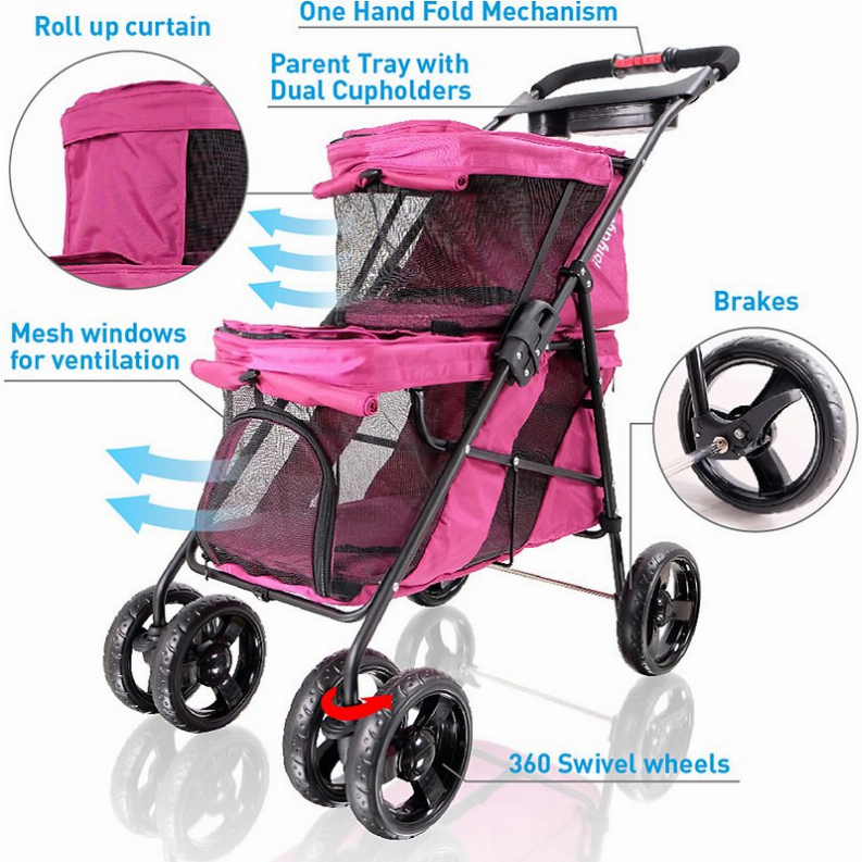 Ibiyaya Double Decker Pet Bus 4 Wheel Foldable Double Dog Cat Stroller
