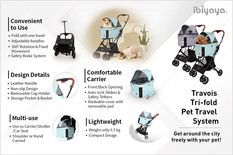 Ibiyaya Travois Trifold Pet Travel System 3in1 Detachable Pet Strol