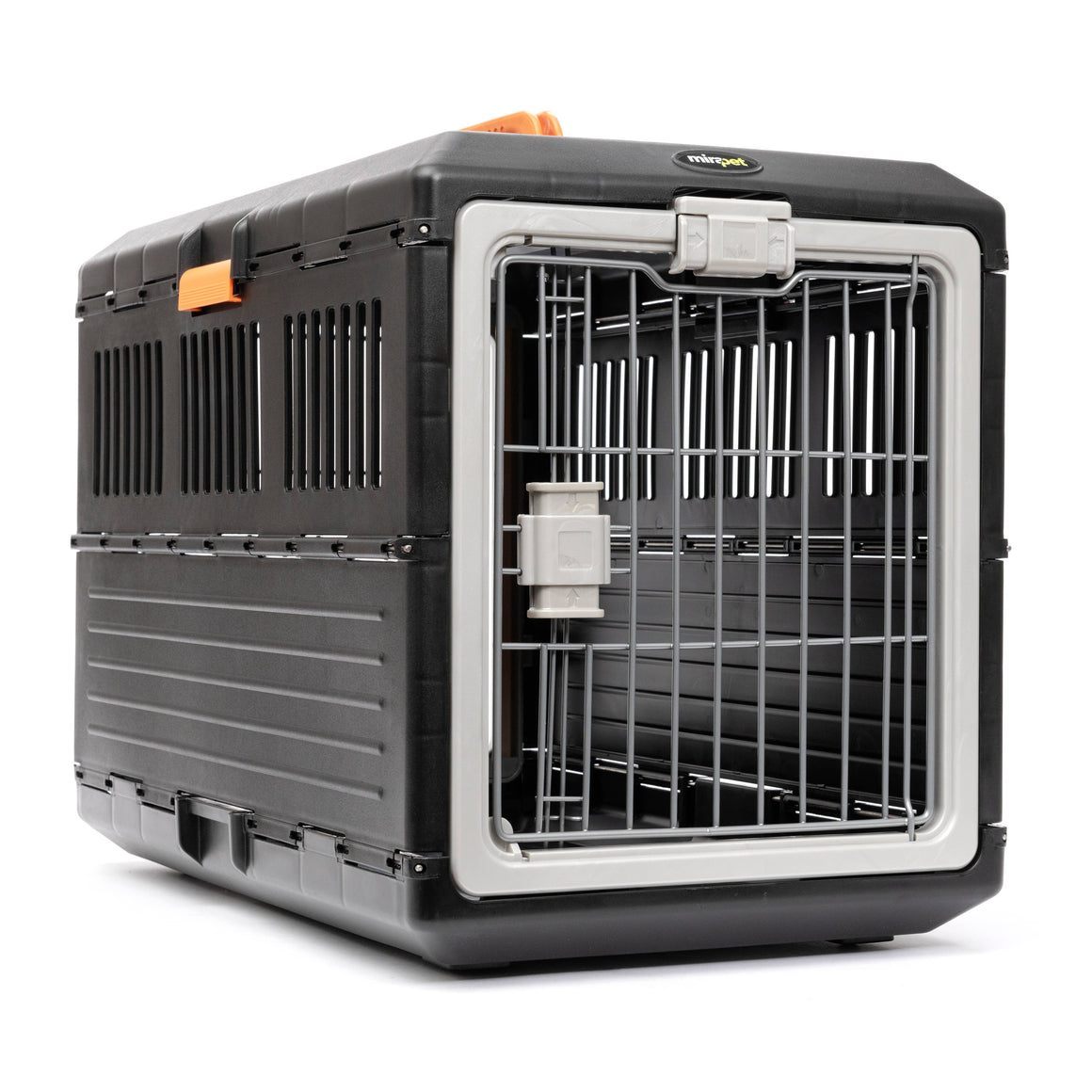 Durable black pet crate with metal door and side ventilation.