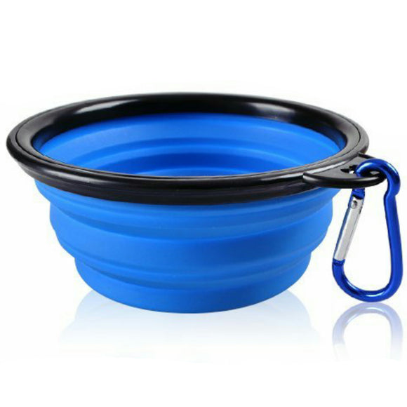 Collapsible blue silicone bowl with a black rim and attached carabiner.